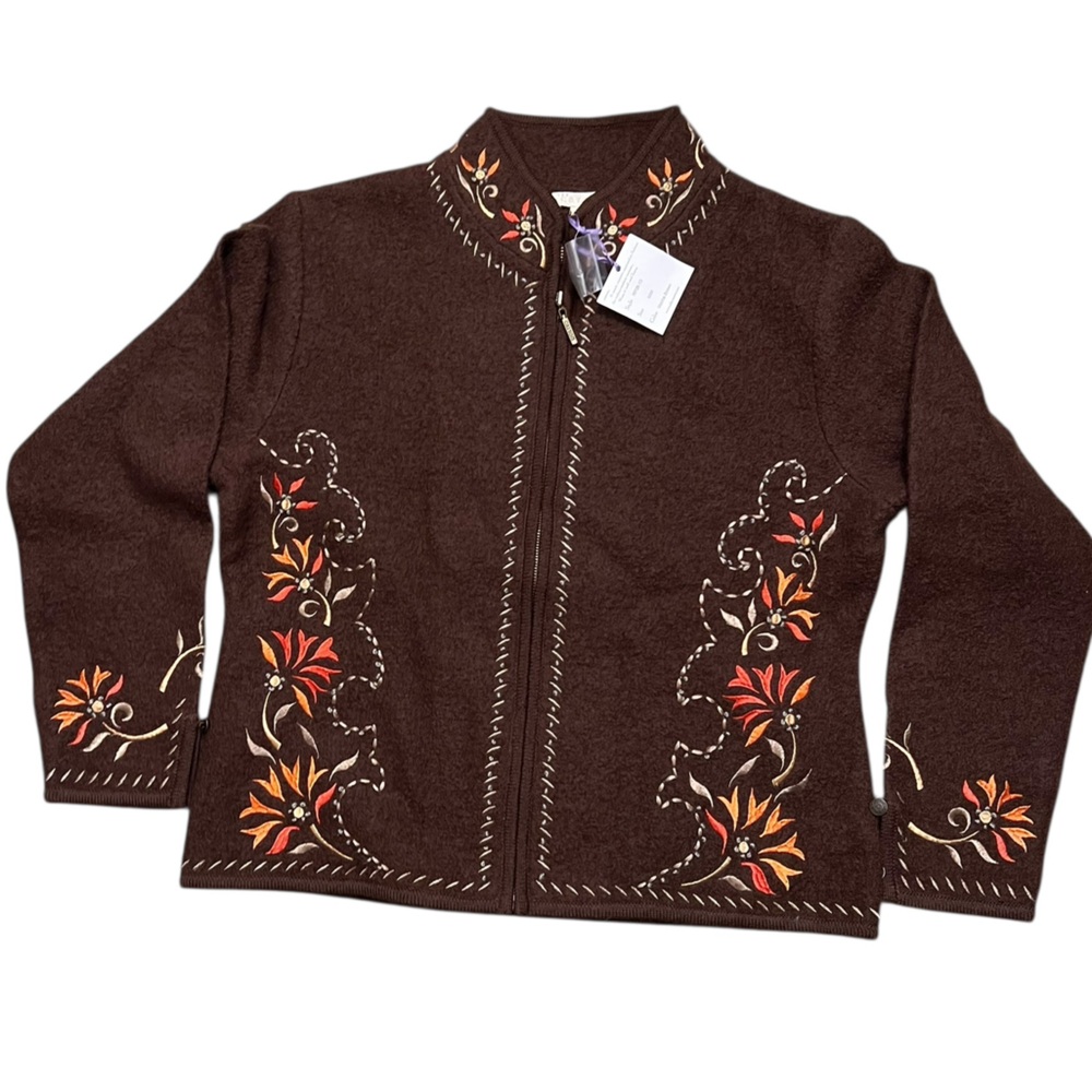 Carson Boiled Wool Full-Zip Sweater Cardigan Jacket Brown Flower Embroidery